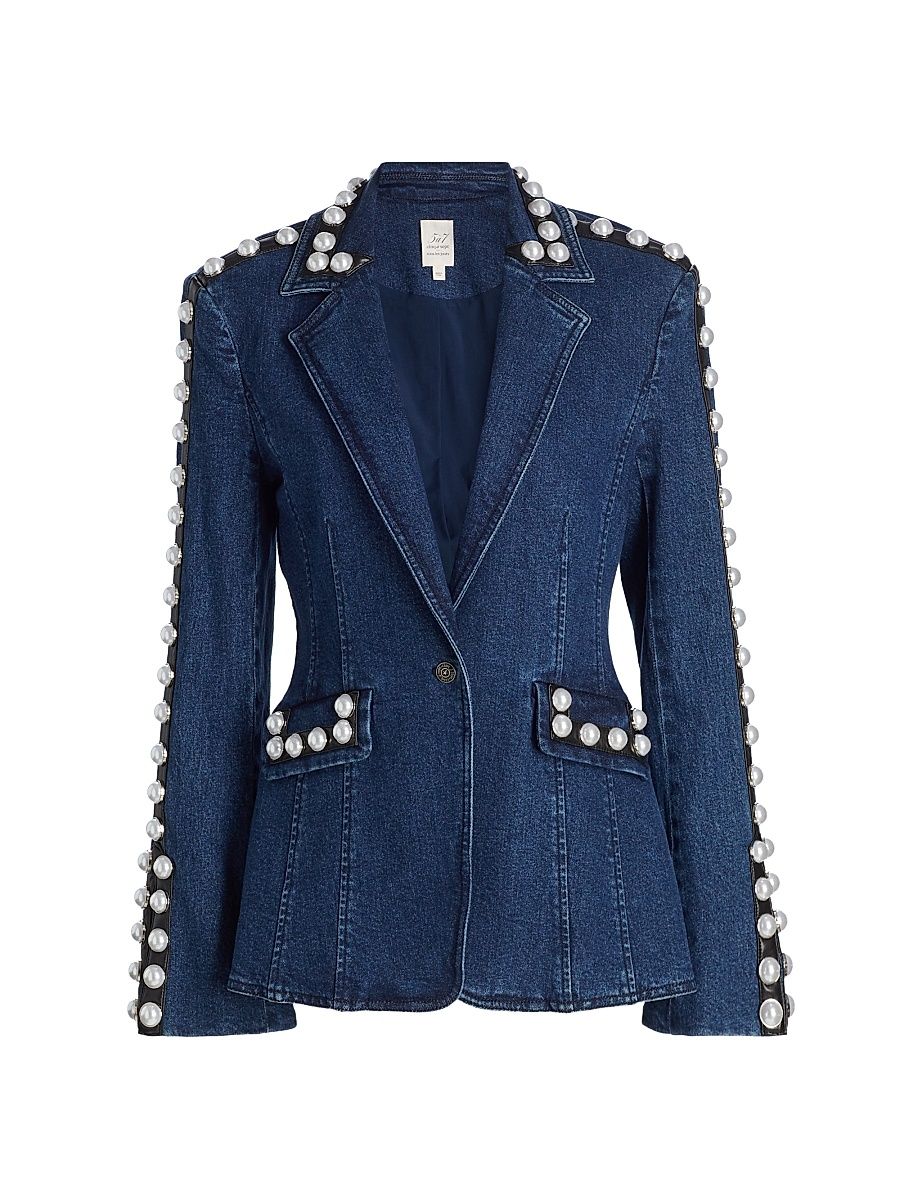 Women's Milly Imitation Pearl-Embellished Denim Blazer - Oceane - Size 8