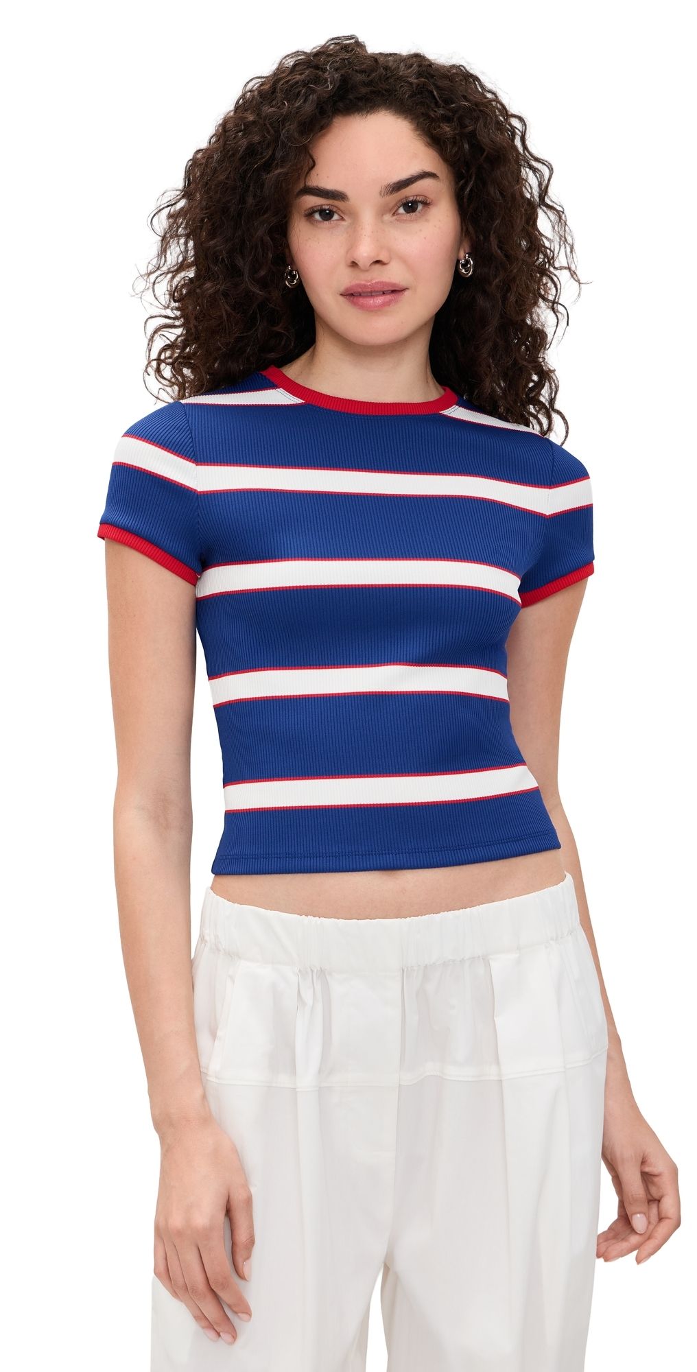 ALICE + OLIVIA Onie Baby Ringer Tee Glamour Stripe Twilight Blue XS