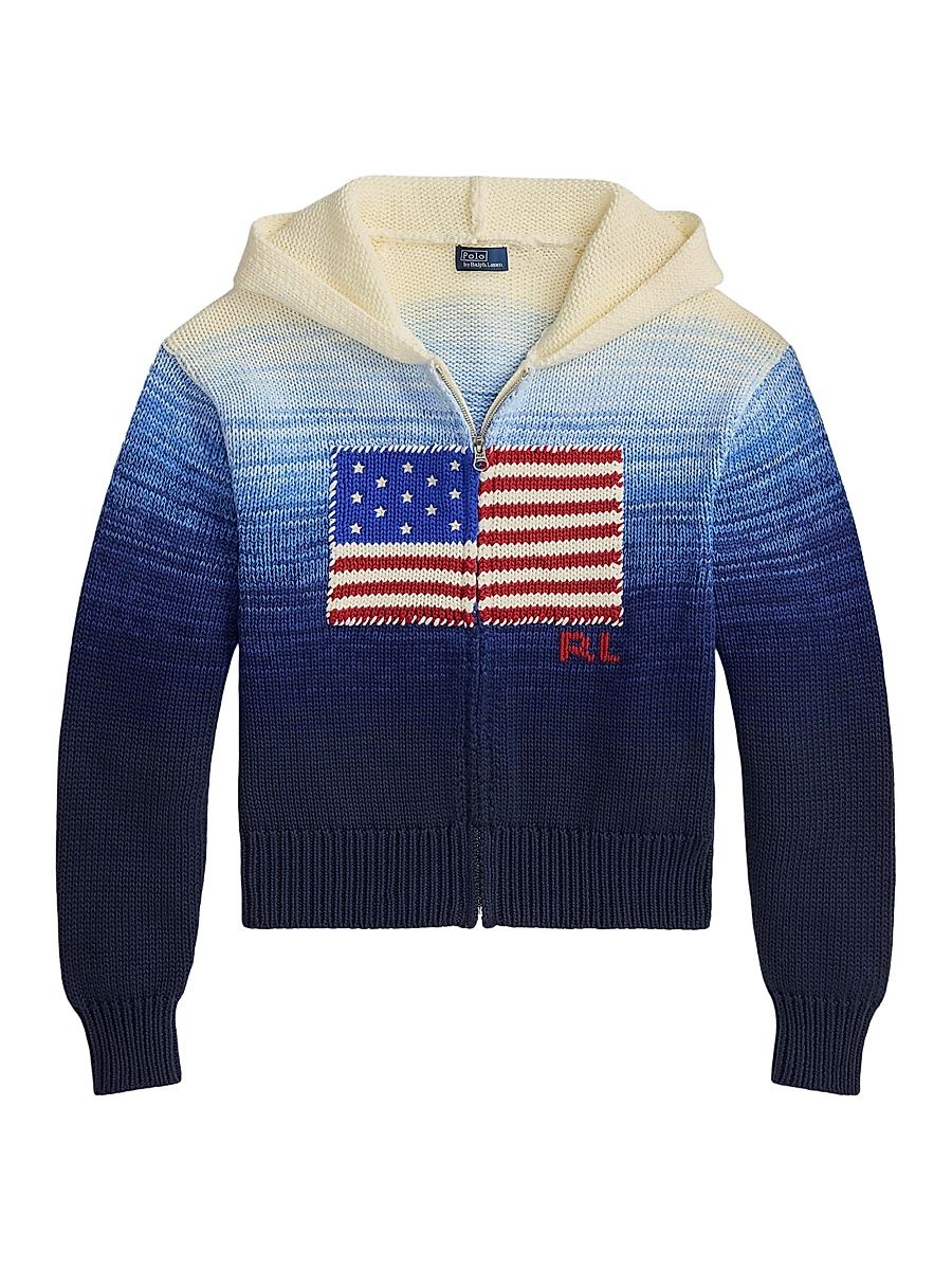Women's Flag Ombré Knit Cotton Full-Zip Hoodie - White Royal Blue - Size XL