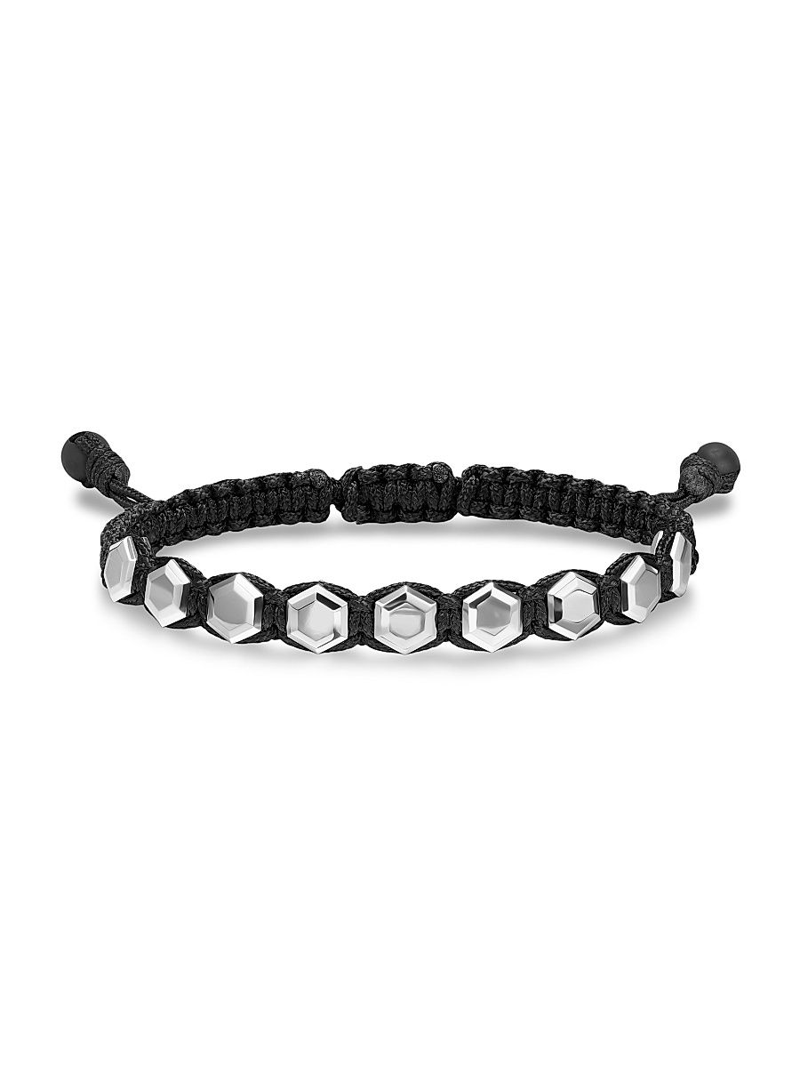 Men's Faceted Woven Bracelet in Sterling Silver - Black Onyx - Size Medium