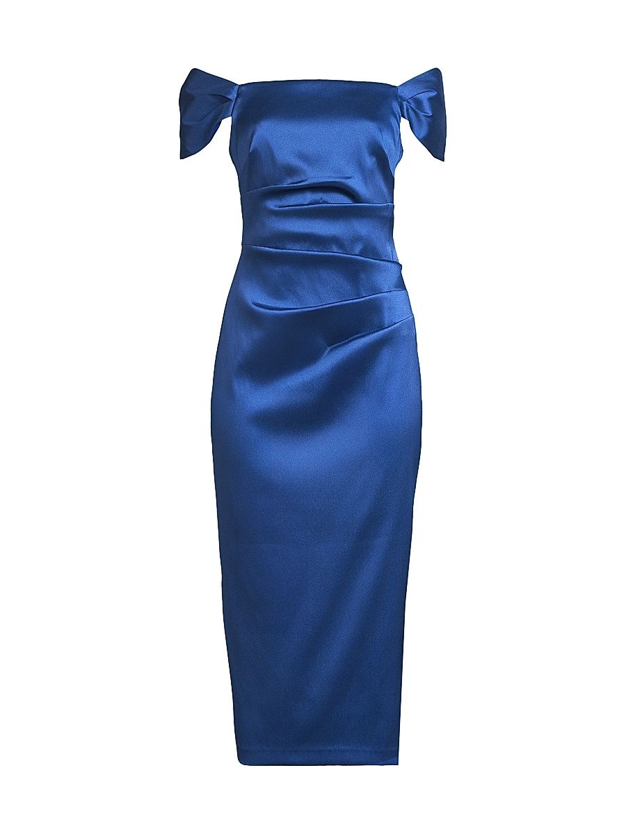 Women's Stretch Mikado Off-the-Shoulder Midi-Dress - Deep Ocean - Size 16