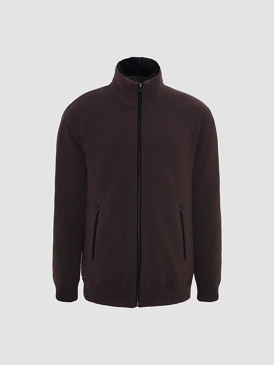 Gorski Men's Knit Jacket with Detachable Select Shearling Lamb Collar - Brown - Size XXL