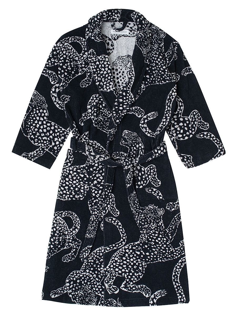 Women's Cotton Jag Print Towel Robe - Navy - Size Large