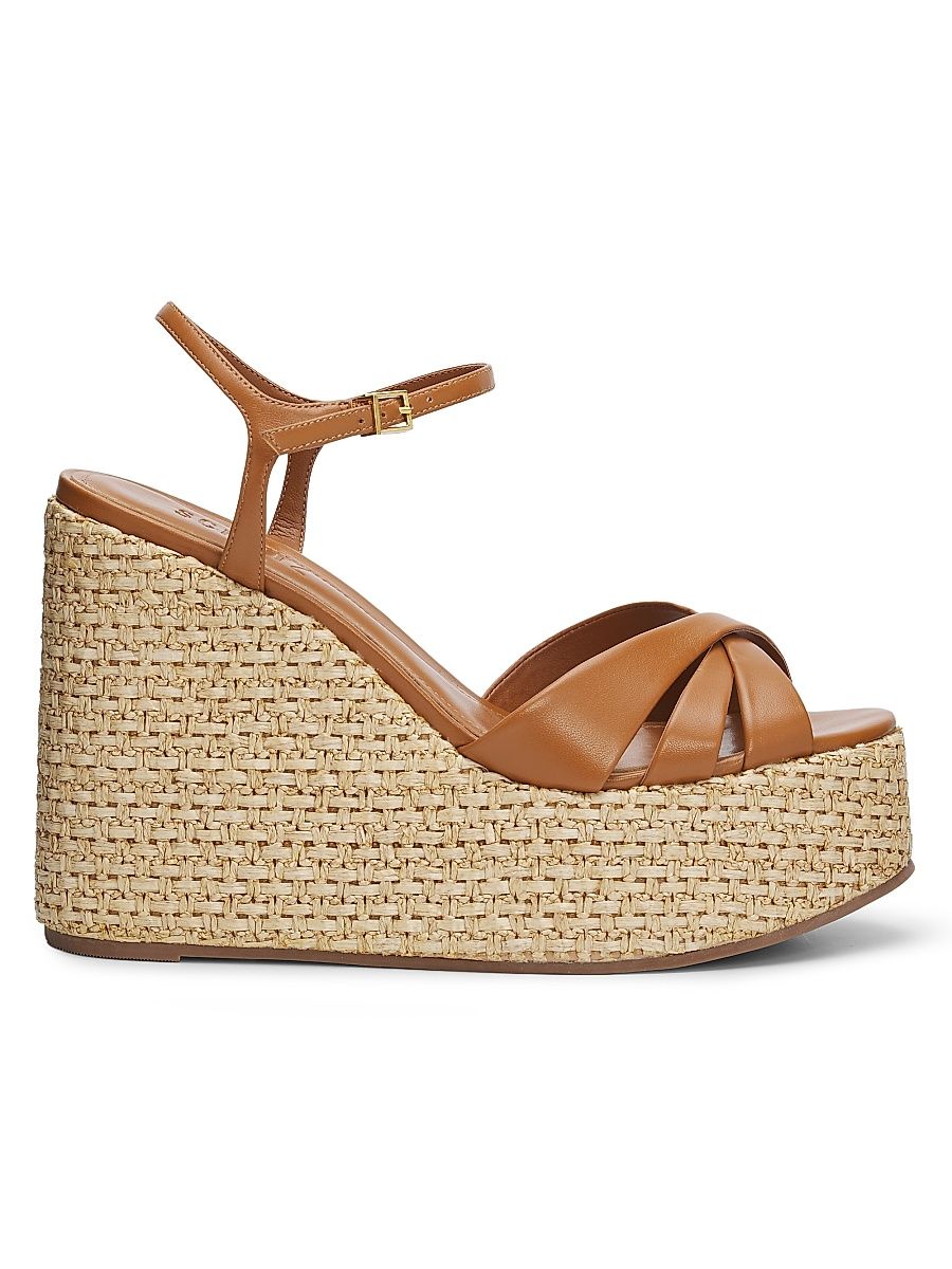 Women's Keefa 120MM Leather-Raffia Wedge Sandals - Egg Shell - Size 11