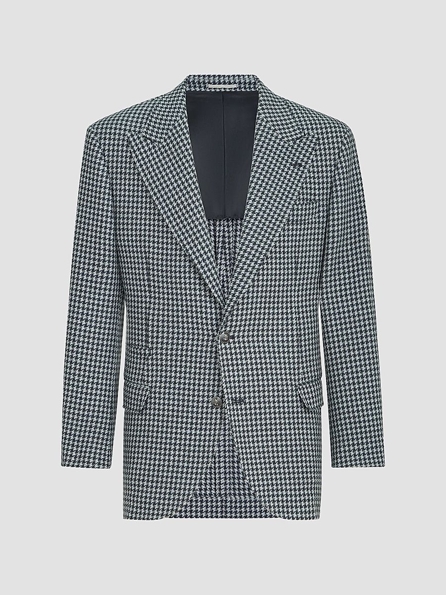 Men's Cashmere Macro Houndstooth Tailor Blazer with Peak Lapels - Navy Blue - Size 48