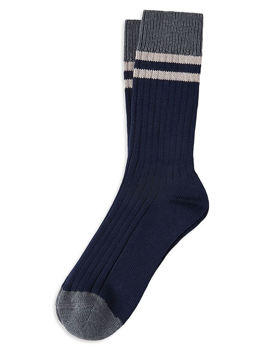 Men's Cotton Socks with Stripes - Navy Blue - Size XXL