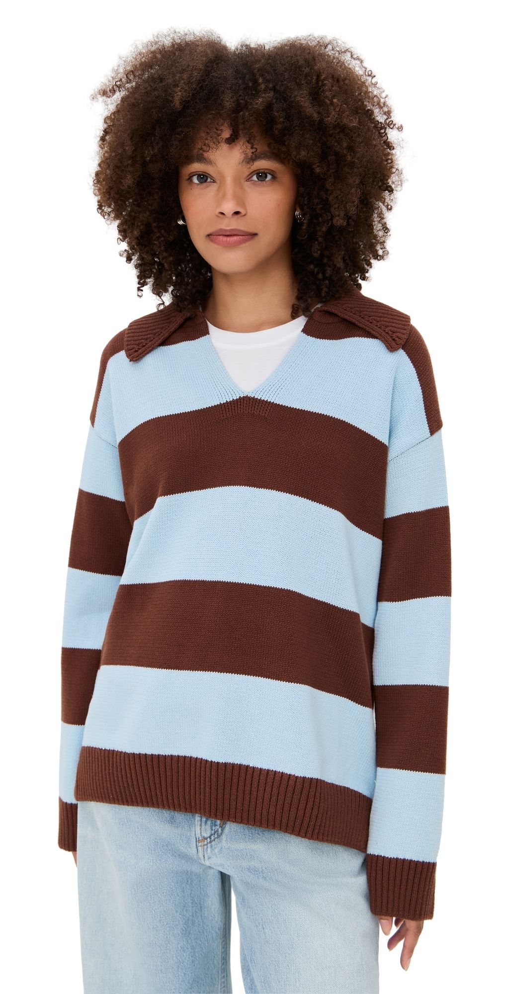 English Factory Stripe Rugby Collared Sweater Brown/Powder Blue XS
