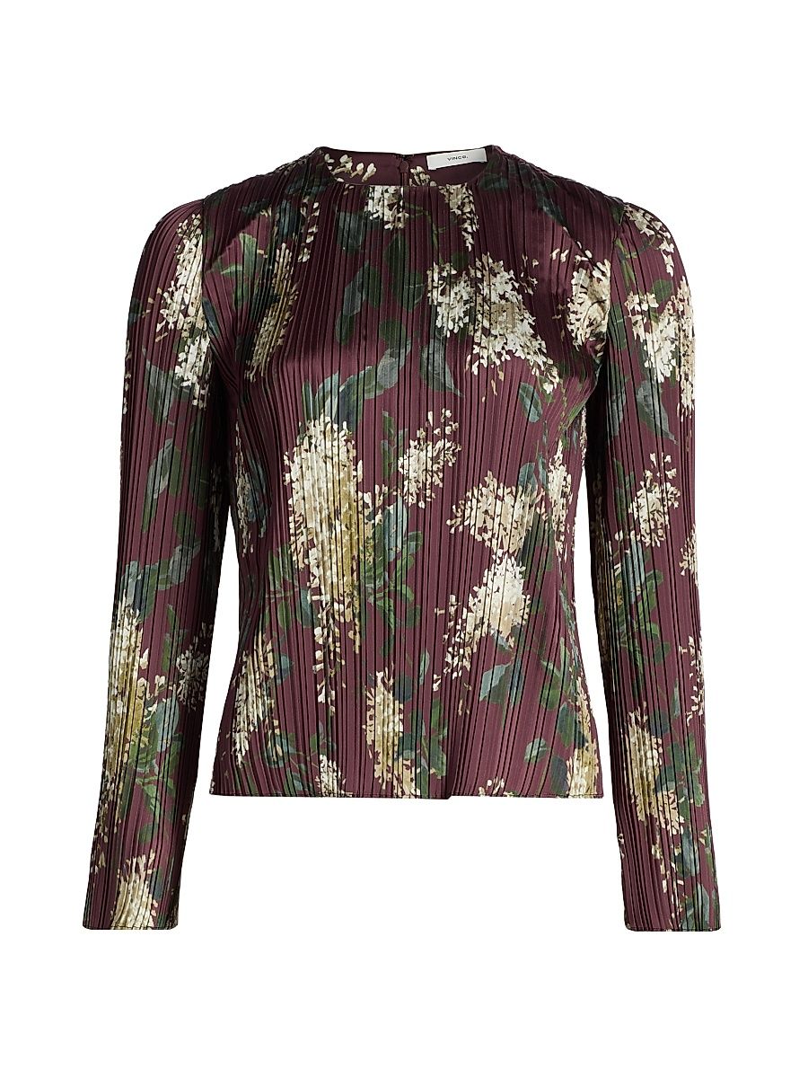 Women's Floral Micro-Pleated Crewneck Top - Dark Bordeaux - Size XS