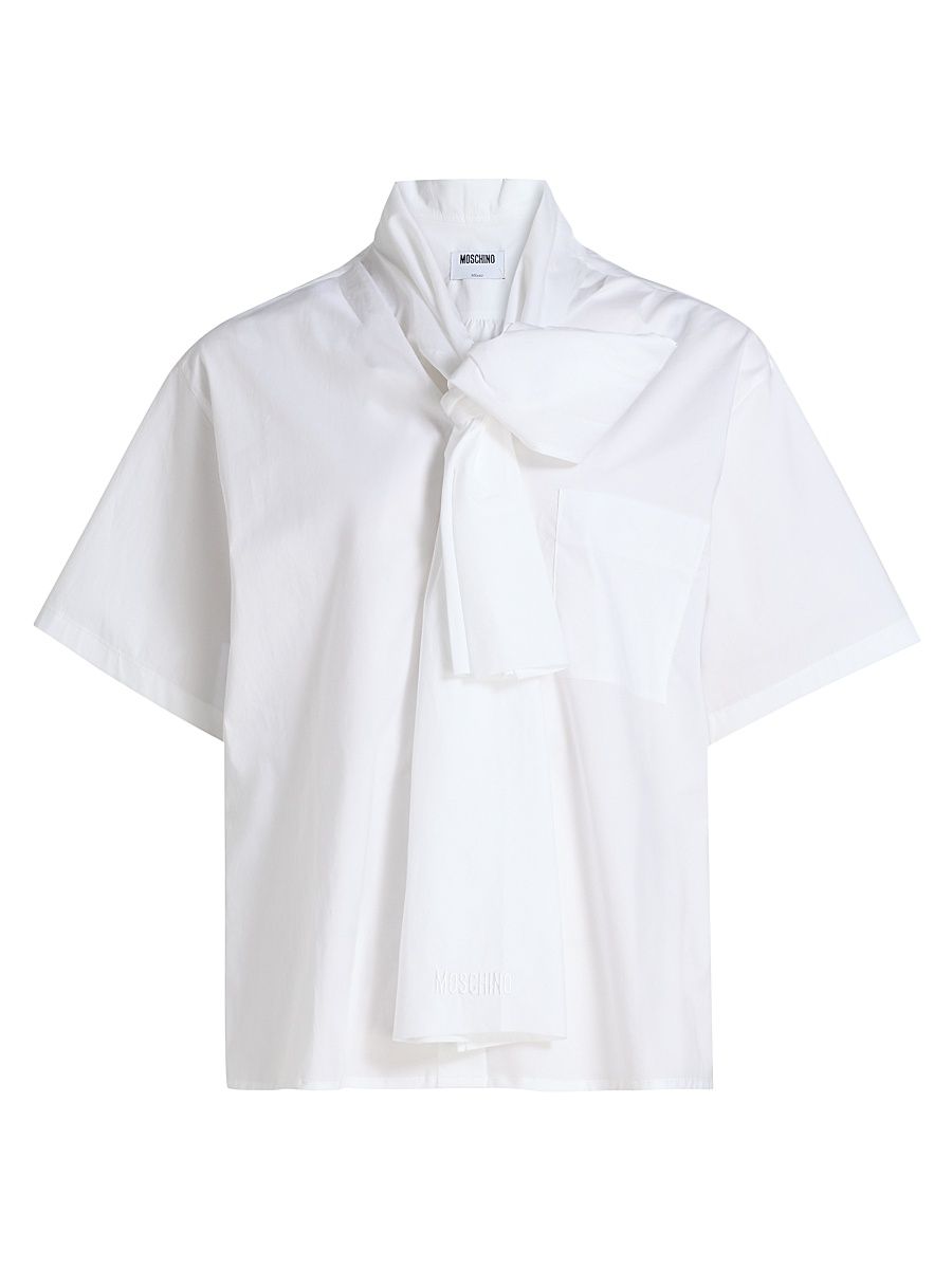 Women's Stretch-Cotton Tieneck Blouse - Multi White - Size XL