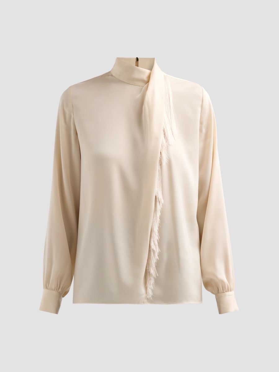 Elie Tahari Women's Jaden Fringe Stretch-Silk Blouse - Champagne - Size XL