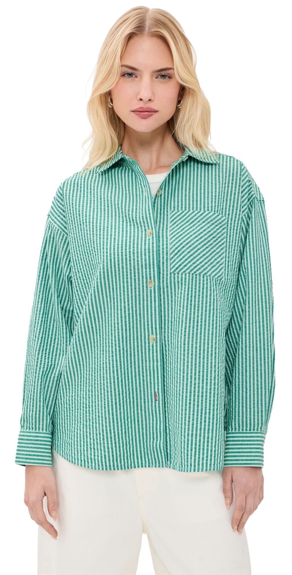 Marine Layer Gracey Oversized Seersucker Shirt Slushy Stripe XL