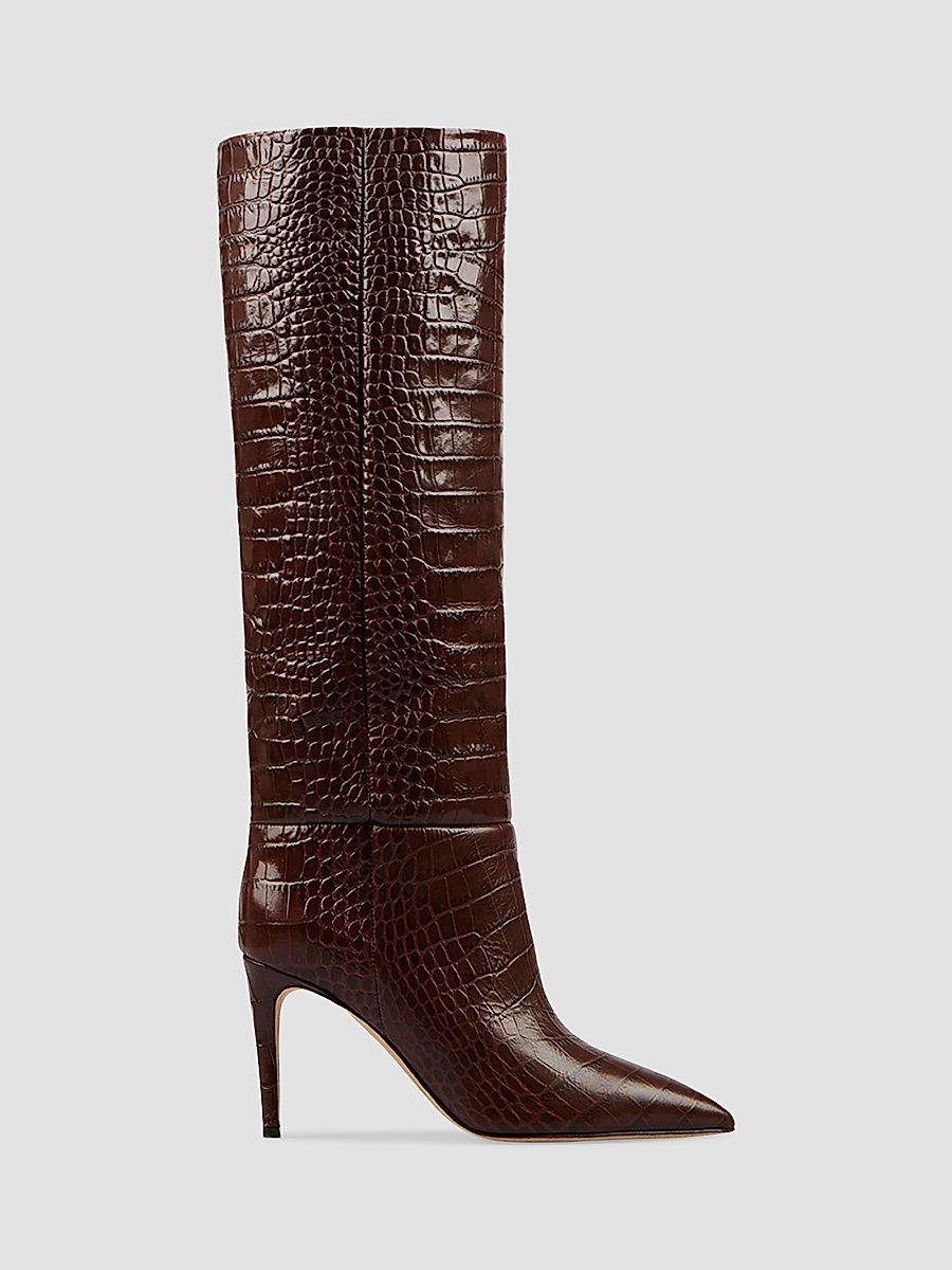 Women's Croc-Effect Leather Stiletto Boots - Ciccolato - Size 11