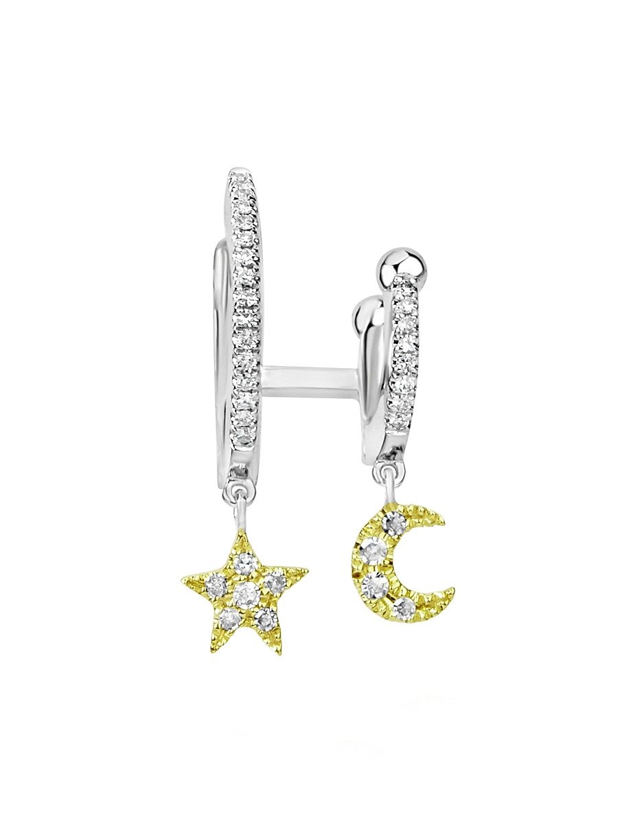 Women's Two-Tone 14K Gold & Diamond Moon & Star Double-Hoop Earring - Yellow Gold