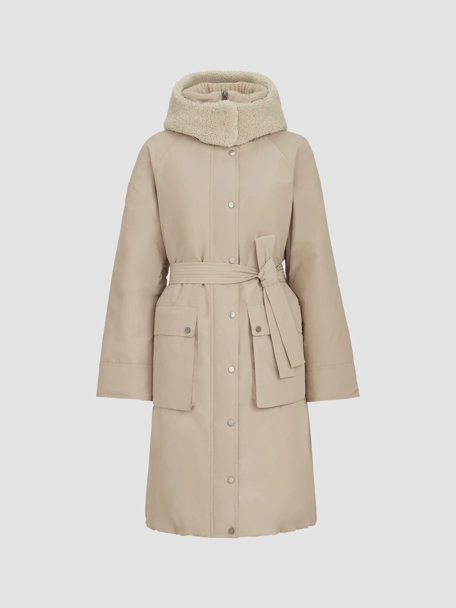 Brunello Cucinelli Women's Techno Cotton Taffeta Belted Down Coat with Detachable Shearling Hood - Beige - Size 12