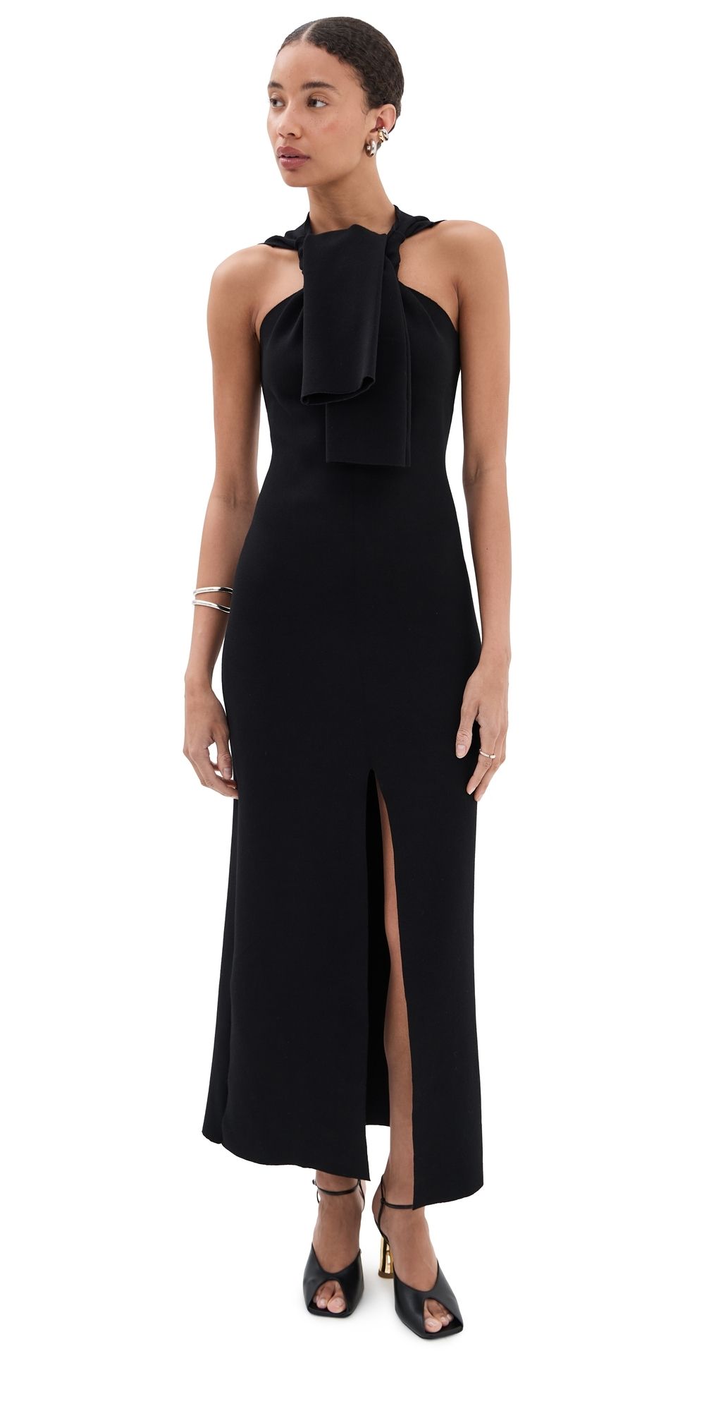 A. W.A. K.E. MODE Knit Dress with Neck Tie Black L