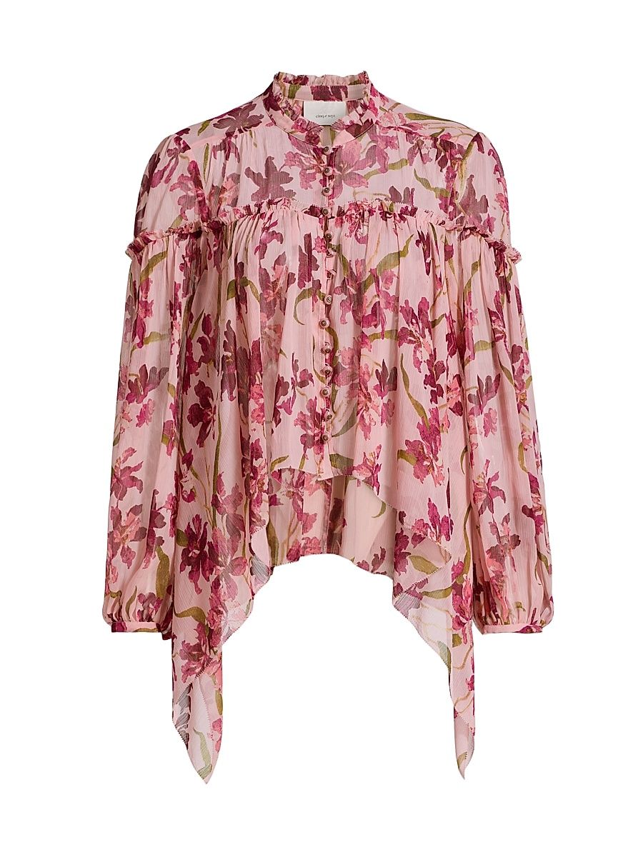 Women's Danny Trailing Hibiscus Ruffled High-Low Top - Blush Petal Multi - Size XL