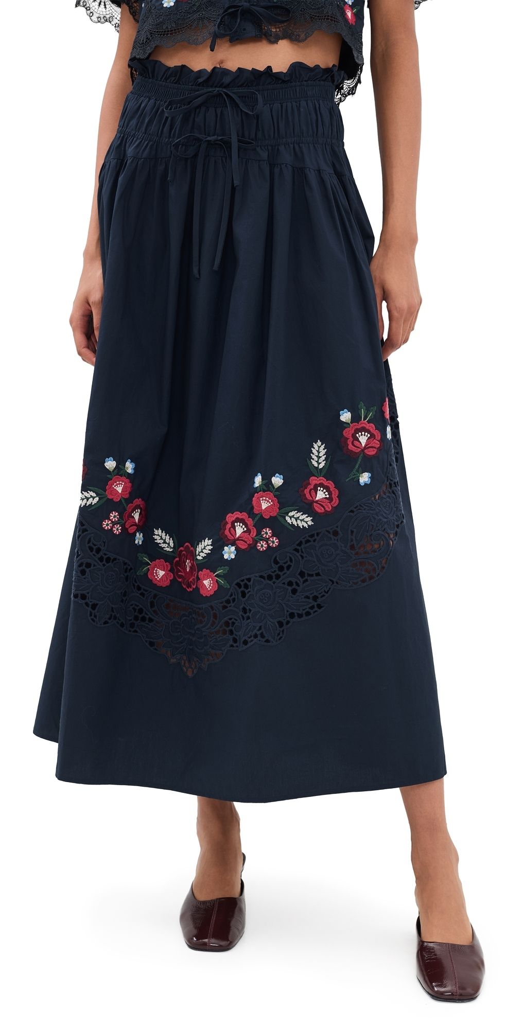 Moon River Embroidered Floral Elasticated Midi Skirt Navy S