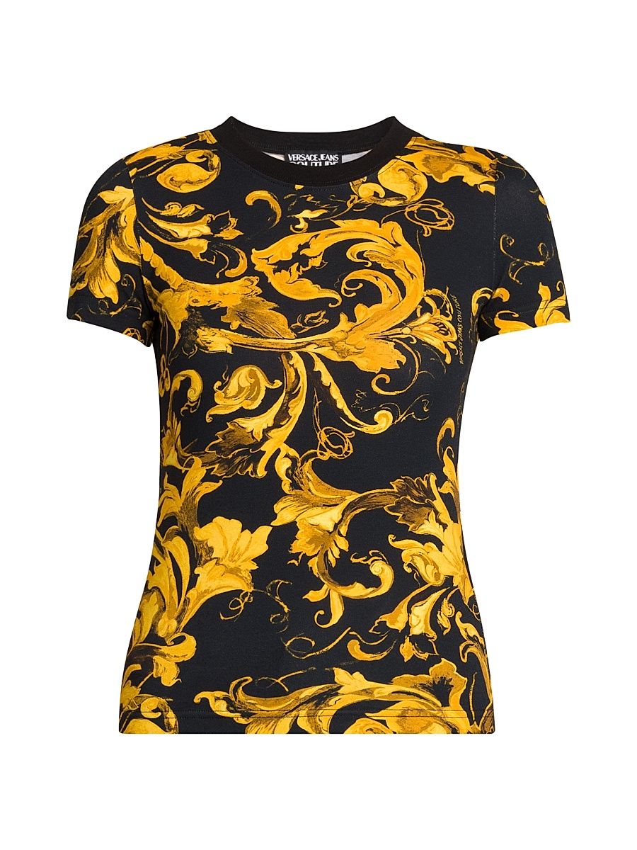 Women's Barocco Cotton T-Shirt - Black Gold - Size XS
