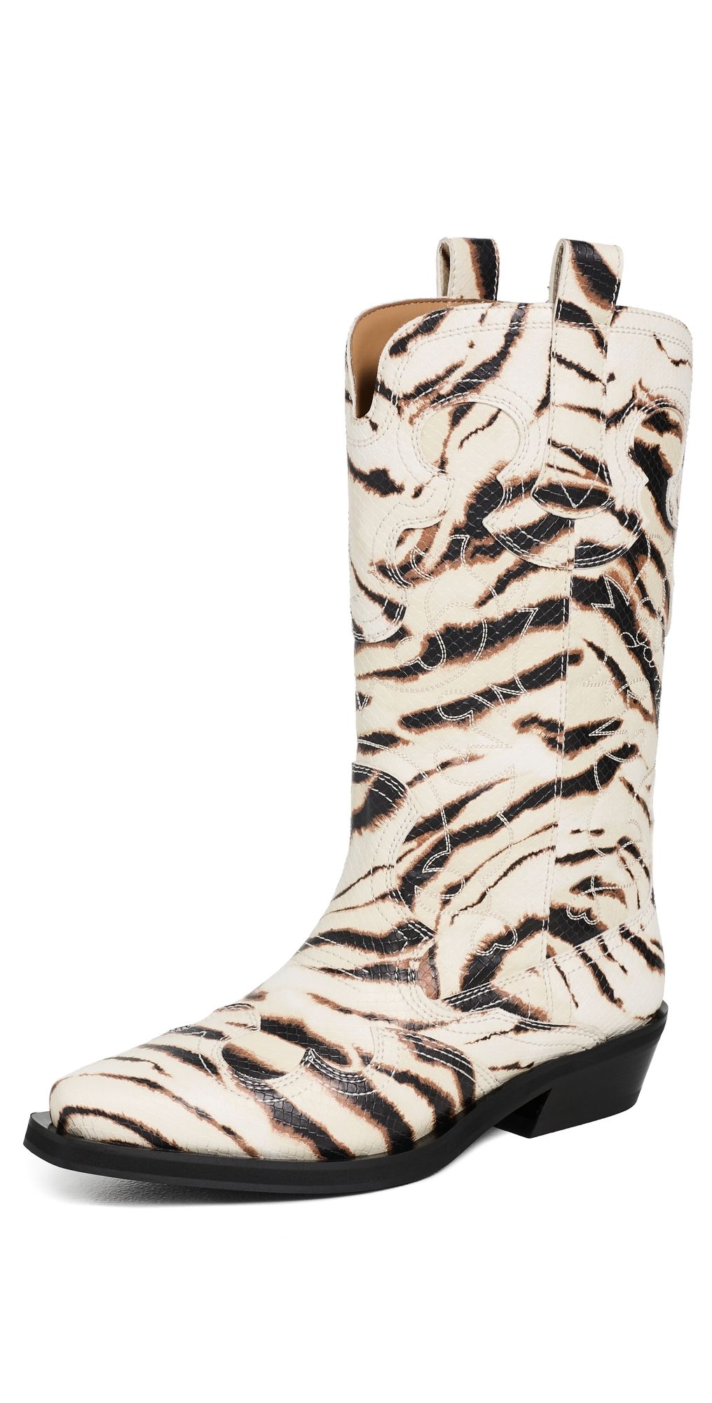 GANNI Embroidered Zebra Western Boots Egret 39