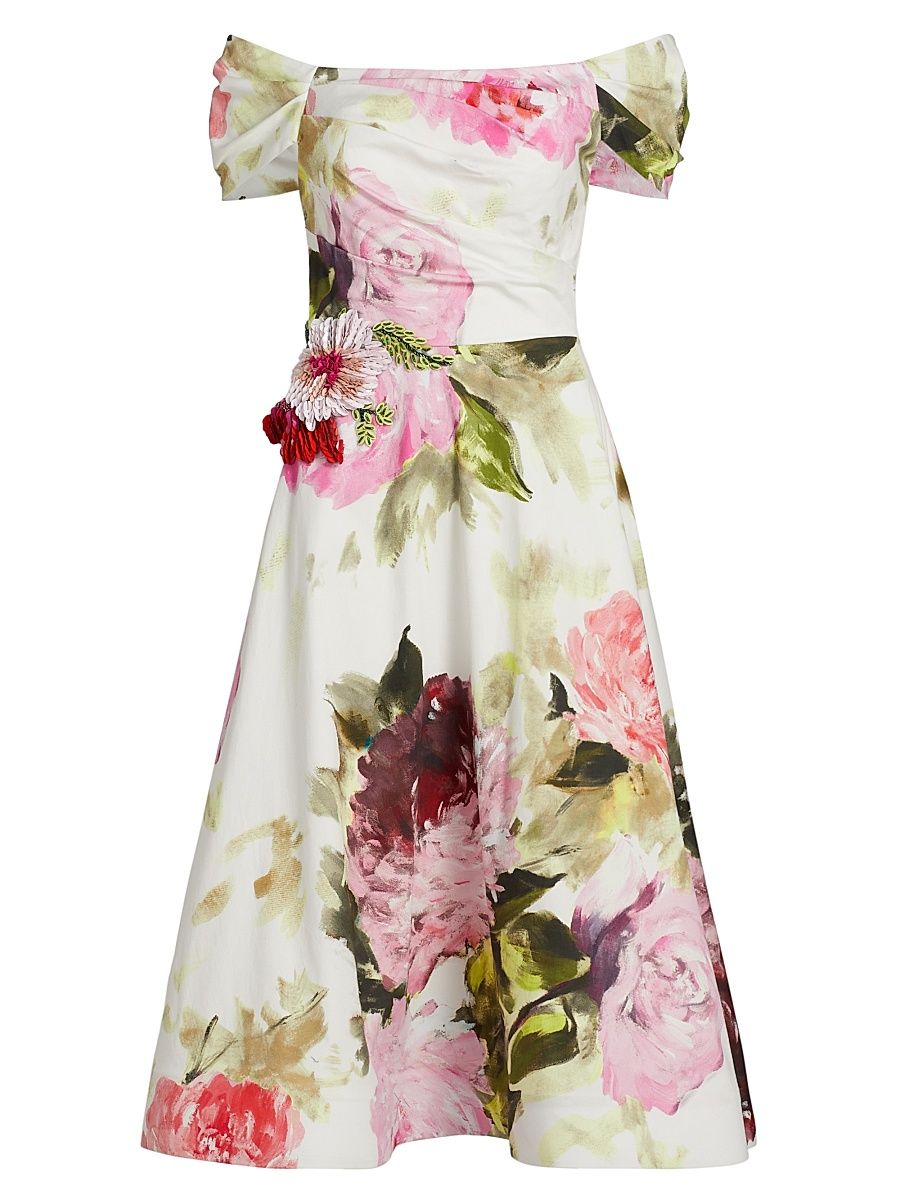 Women's Floral Off-the-Shoulder Cocktail Dress - White Multi - Size 10