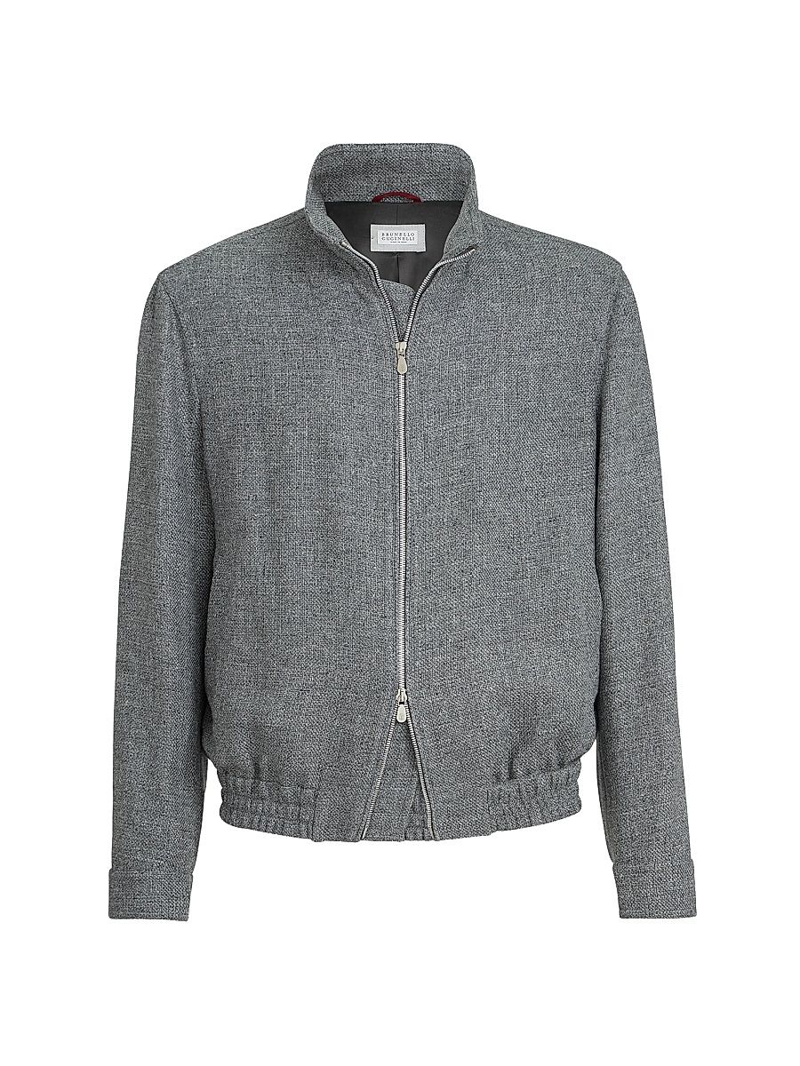 Men's Silk, Linen and Wool Hopsack Outerwear Jacket with Stand Collar - Medium Grey - Size 38