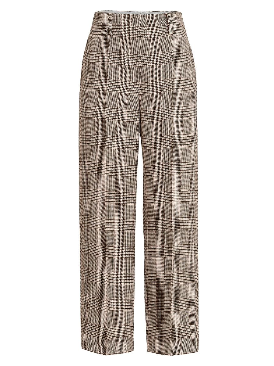 Women's Linen Prince of Wales Square Cigarette Trousers with Monili - Light Brown - Size 14