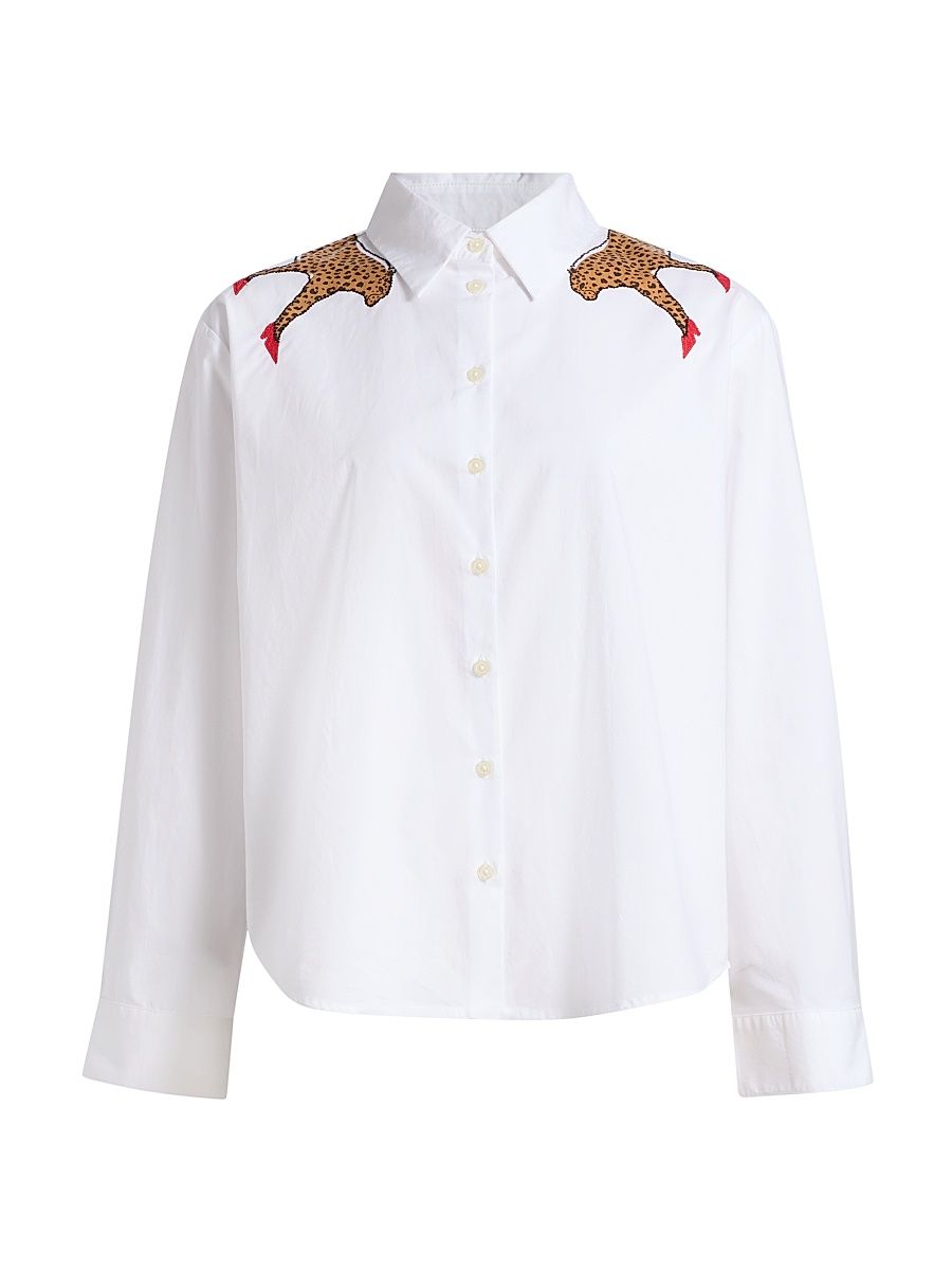 Women's Margaux Cheetah Button-Front Cotton Shirt - Optic White - Size XL