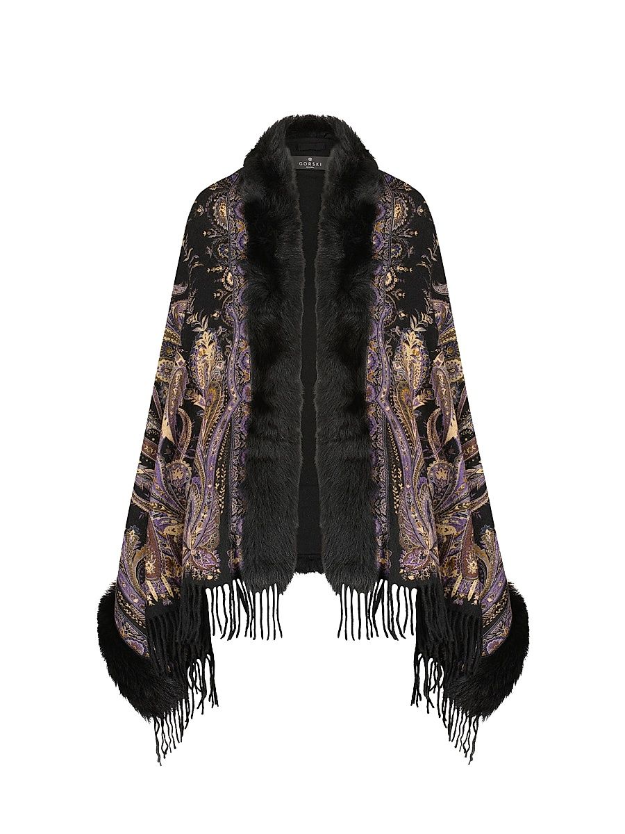 Women's Double Face Cashmere Stole with Toscana Lamb Trim - Black Paisley