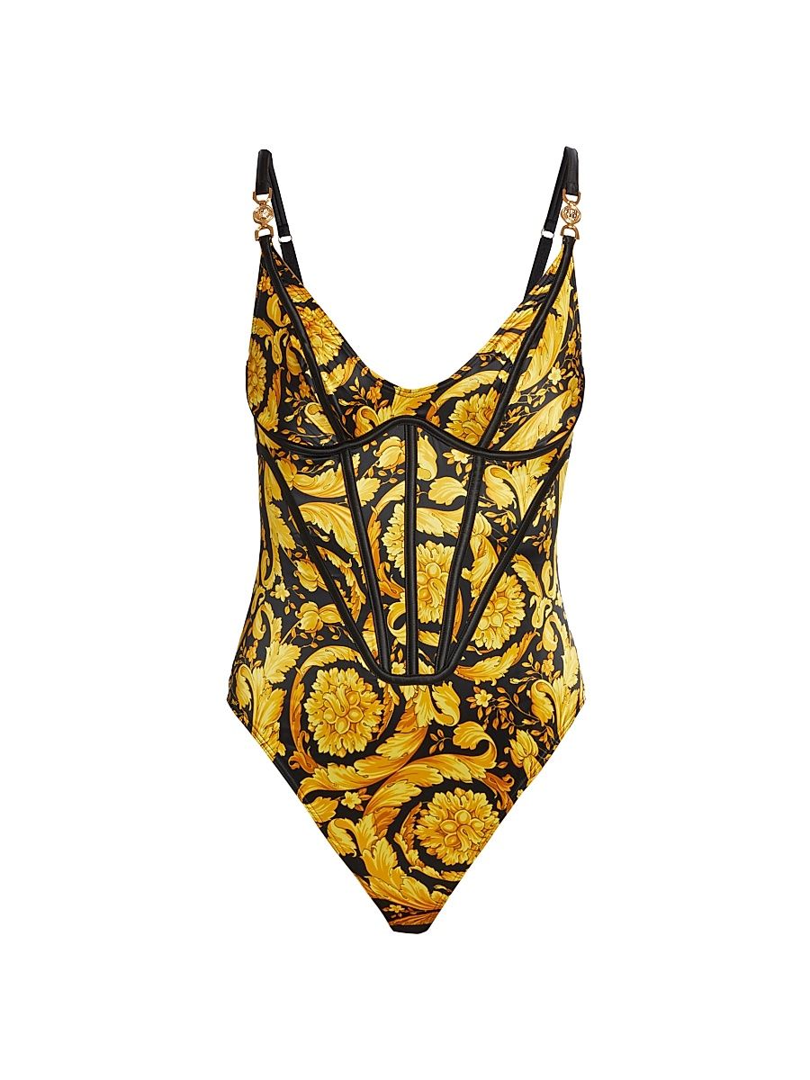 Women's 92' Barocco Print Bodysuit - Black Gold - Size XL