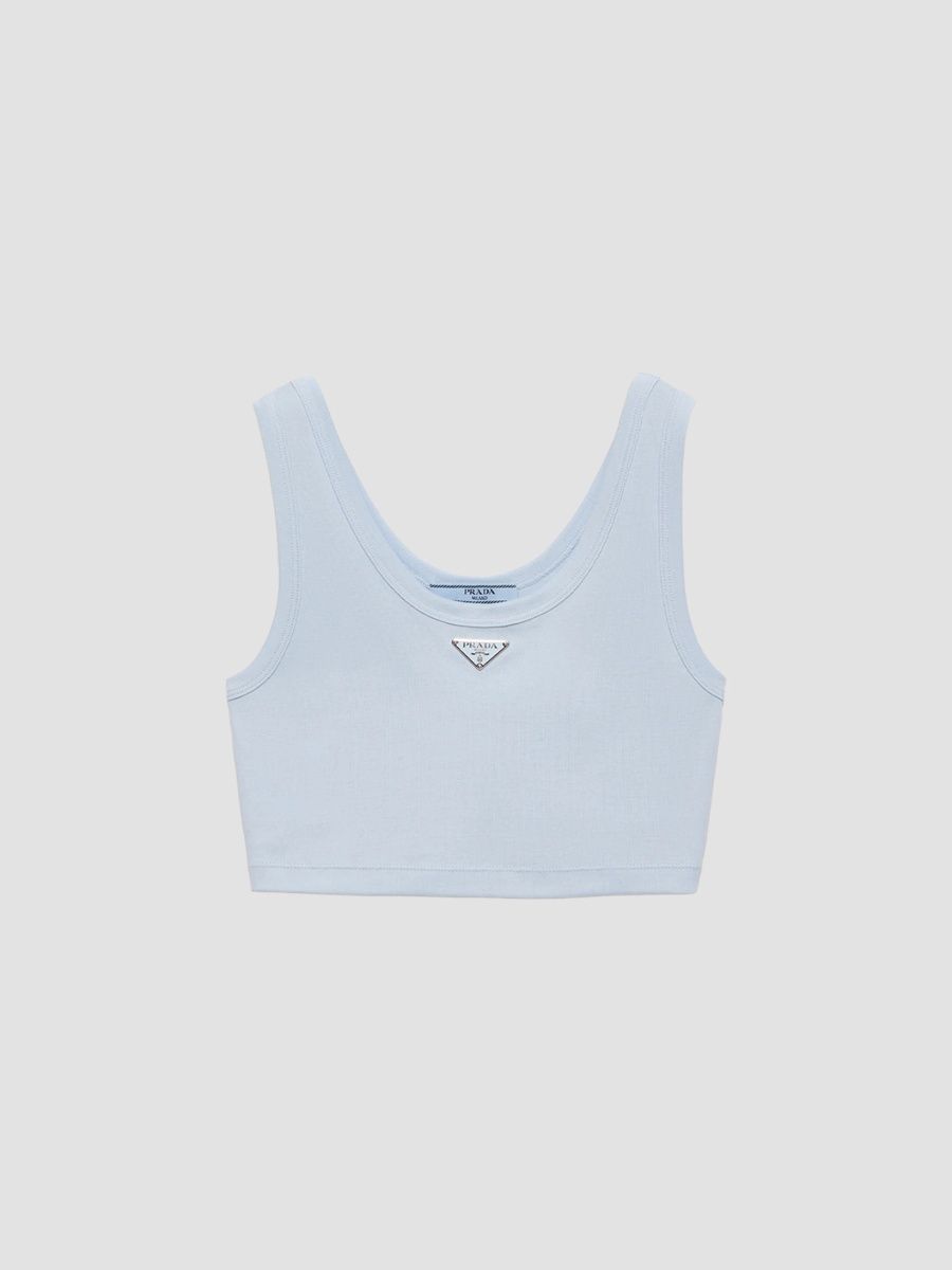 Prada Women's Ribbed Knit Cotton Crop Top - Blue - Size 0