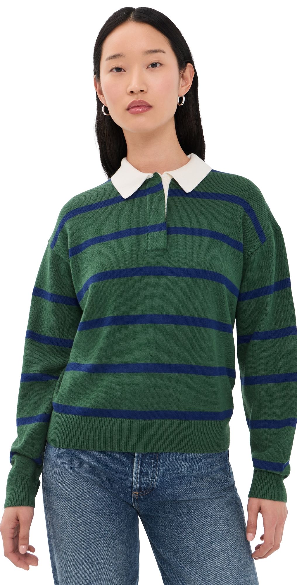 Alex Mill Bond St. Stripe Polo Sweater Forest Walk/Galaxy Blue S