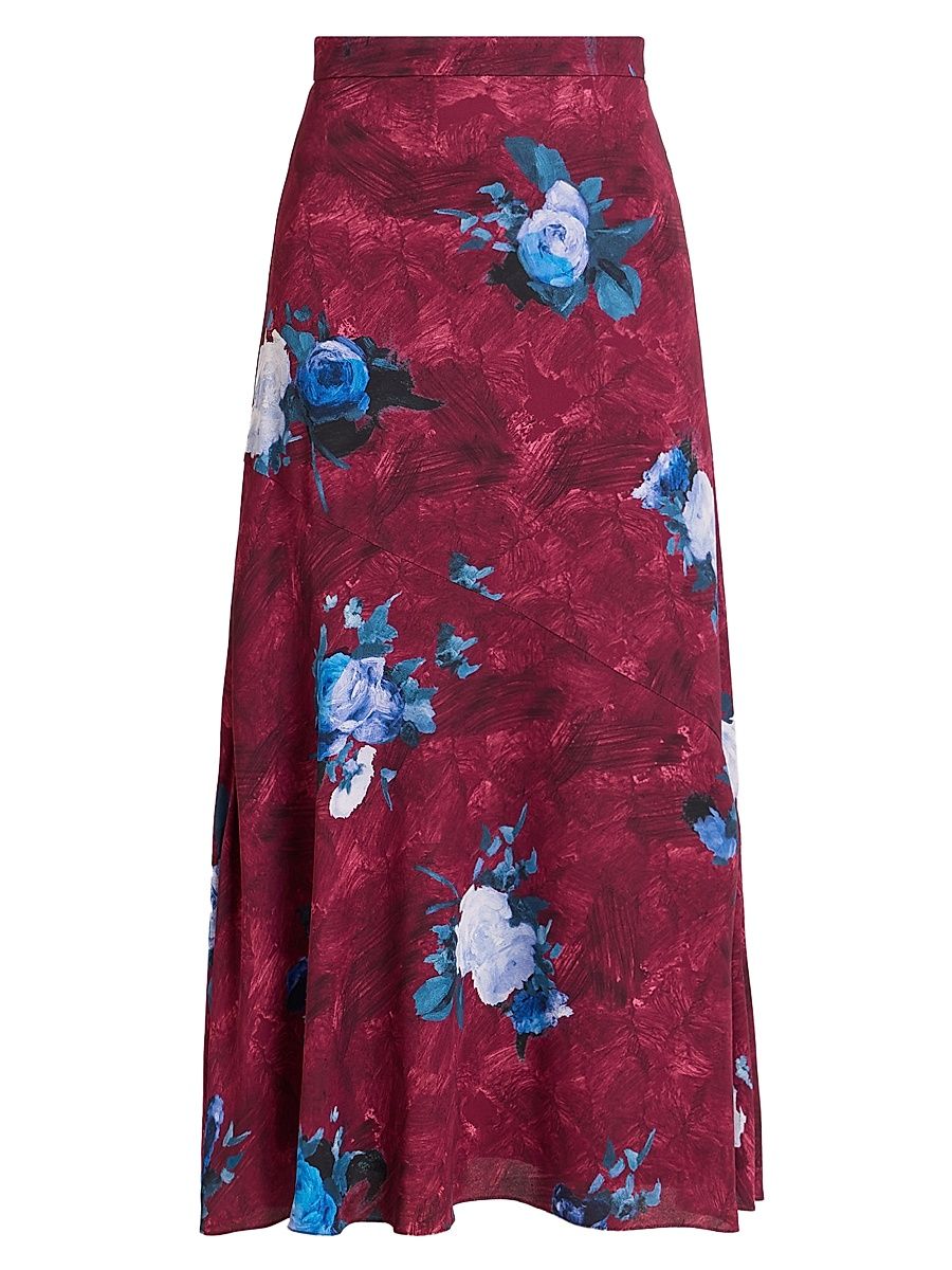 Women's Floral A-Line Midi-Skirt - Abstract Rose Mulberry Red - Size 8
