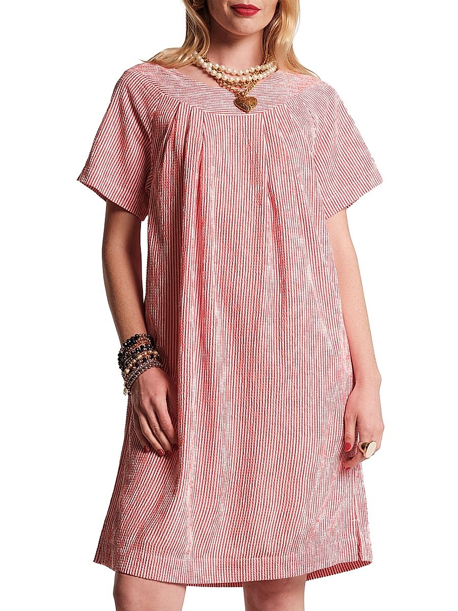 Women's Easy Pleated Seersucker Dress - Red White - Size 24