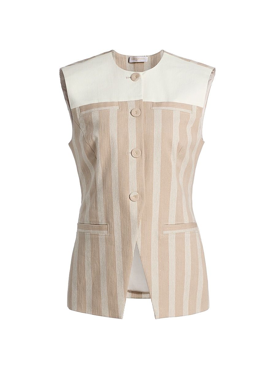 Women's Nicola Striped Cotton-Blend Vest - Sandstone Cotton Stripe - Size 14