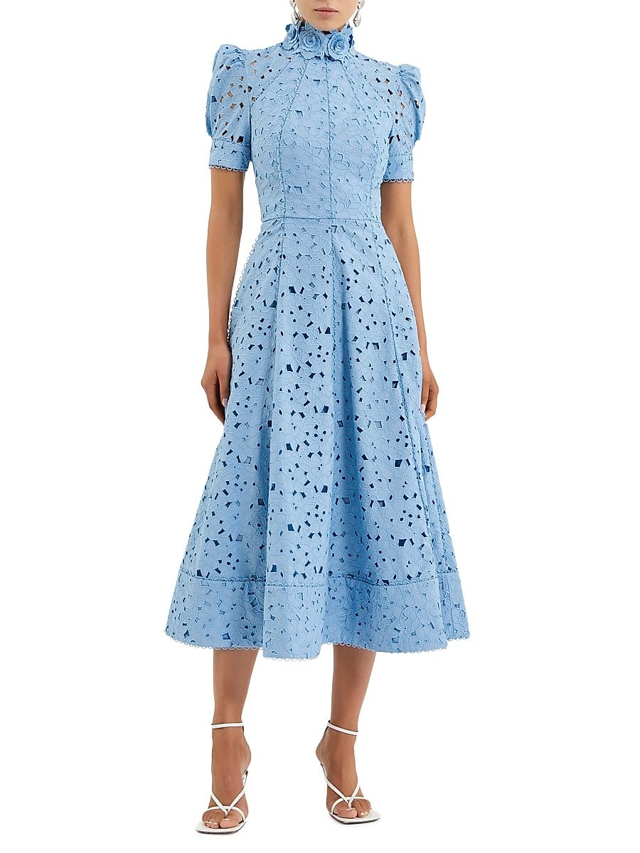 Women's Kitsu Eyelet Floral Cotton Midi-Dress - Blue - Size 12