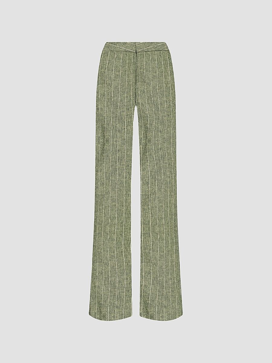 Women's Livvy Stripe Straight-Leg Trousers - Olive Green Pinstripe - Size 16