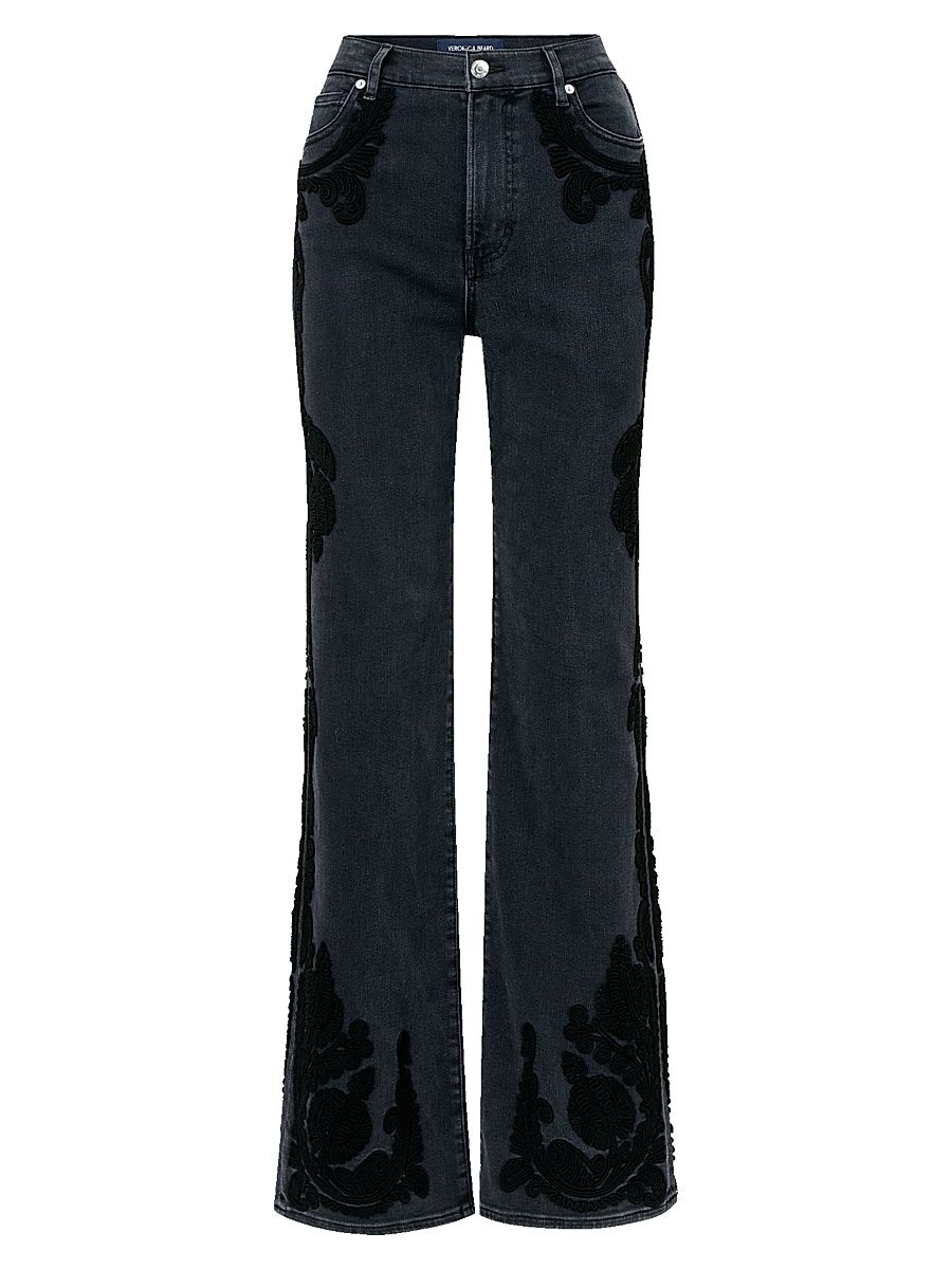 Women's Crosbie Appliqué High-Rise Wide-Leg Jeans - Washed Onyx - Size 31
