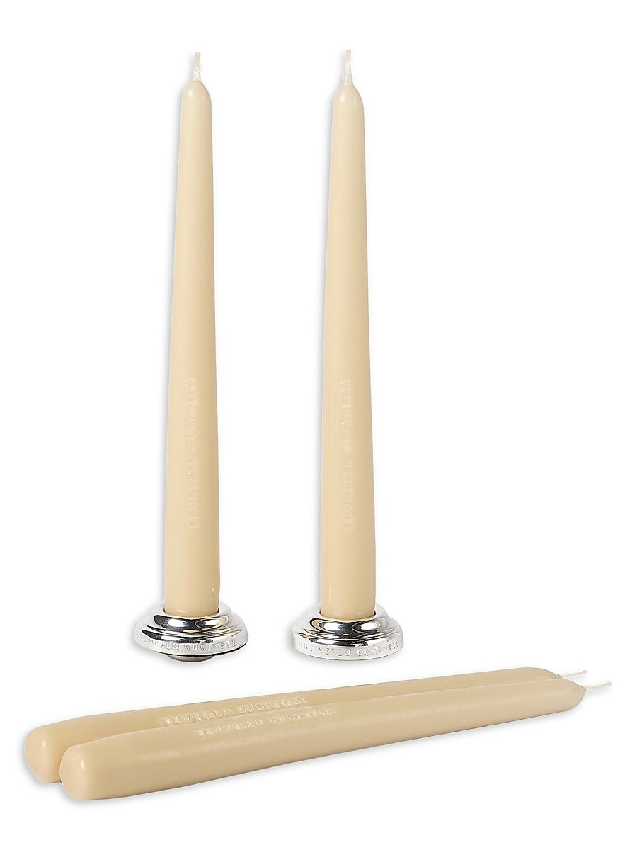 Set of Two Silver-Plated Brass Candlesticks with Four Taper Candles - Beige