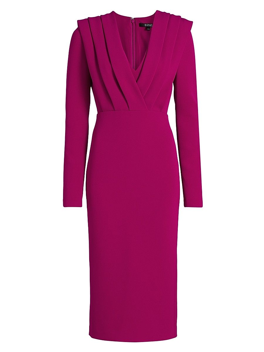 Women's Pleated Stretch Crepe V-Neck Midi-Dress - Raspberry - Size 8