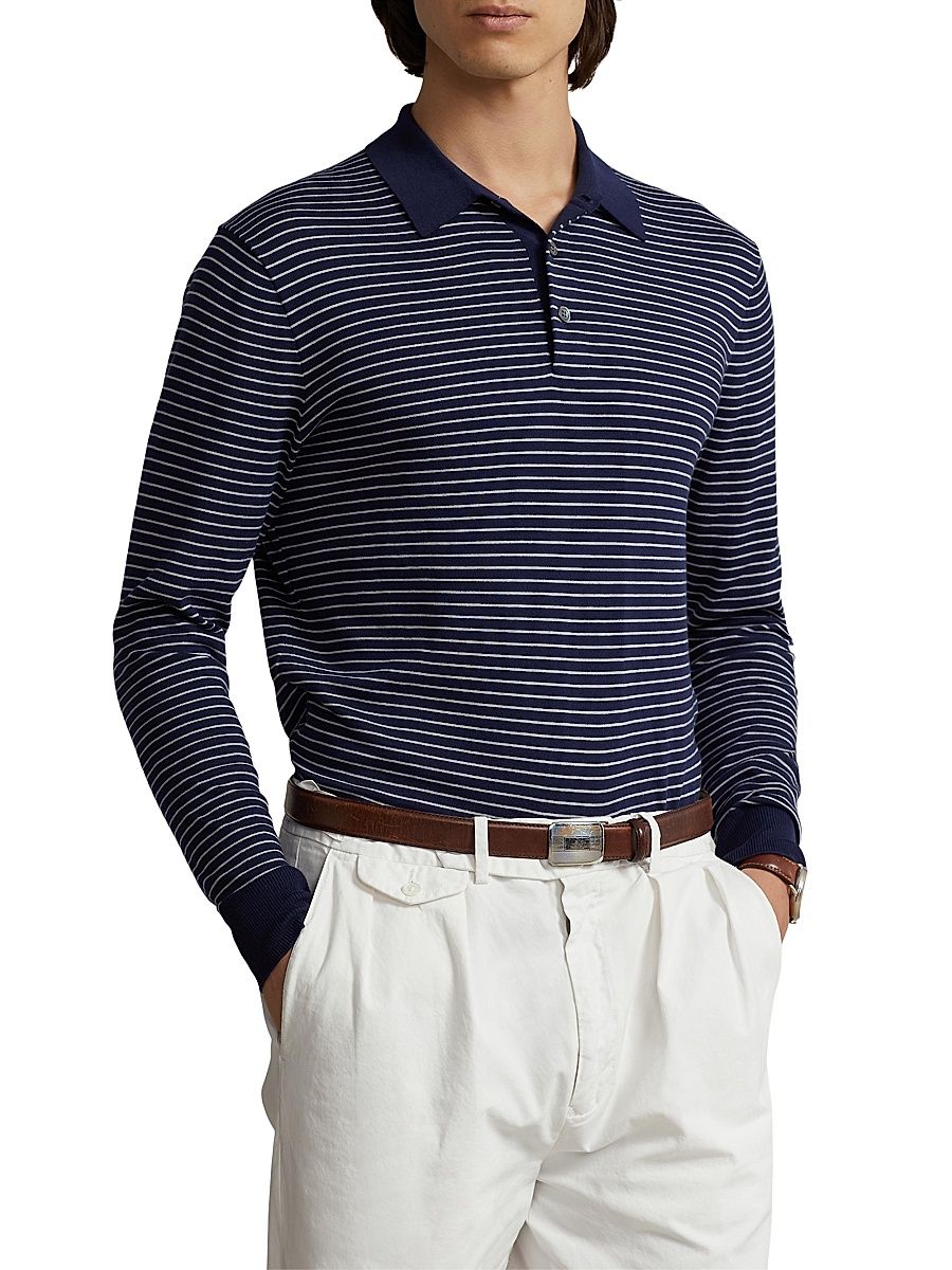 Men's Stripe Knit Long-Sleeve Polo Shirt - Navy - Size XXL