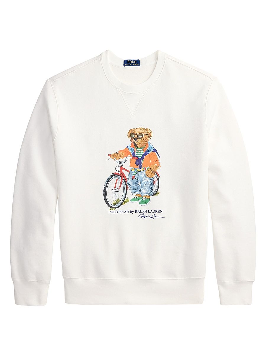 Men's Preppy Polo Bear Fleece Crewneck Sweatshirt - White Summer Bear - Size Large