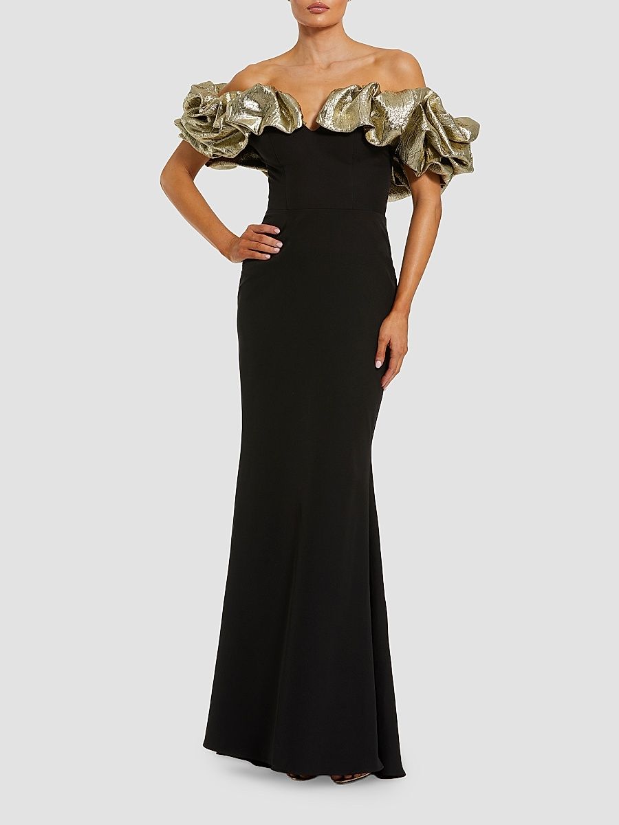 Women's Ruffle Off-The-Shoulder Crepe Mermaid Gown - Black Gold - Size 14