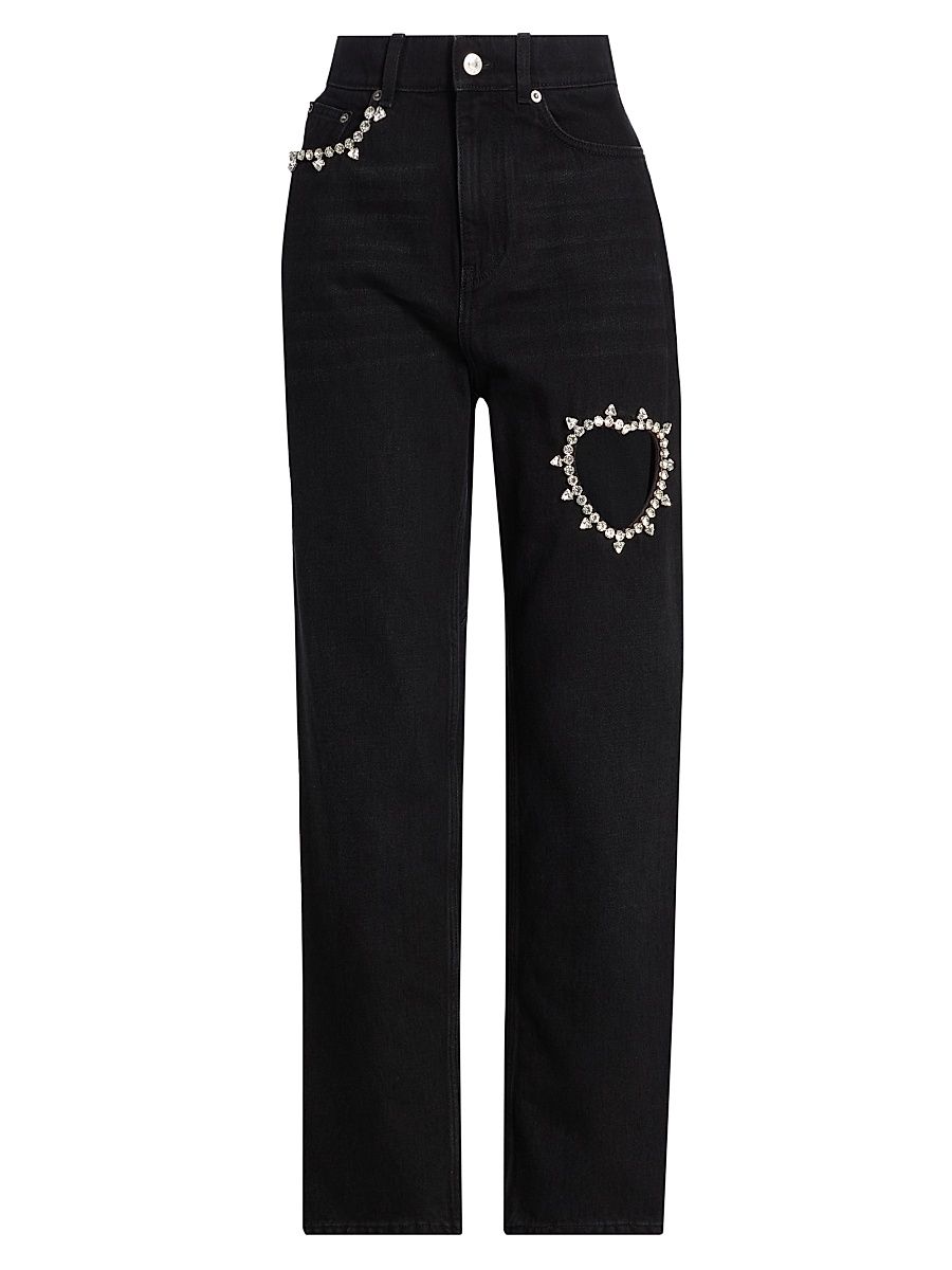 Women's Crystal Heart Embellished Straight Jeans - Black - Size 30