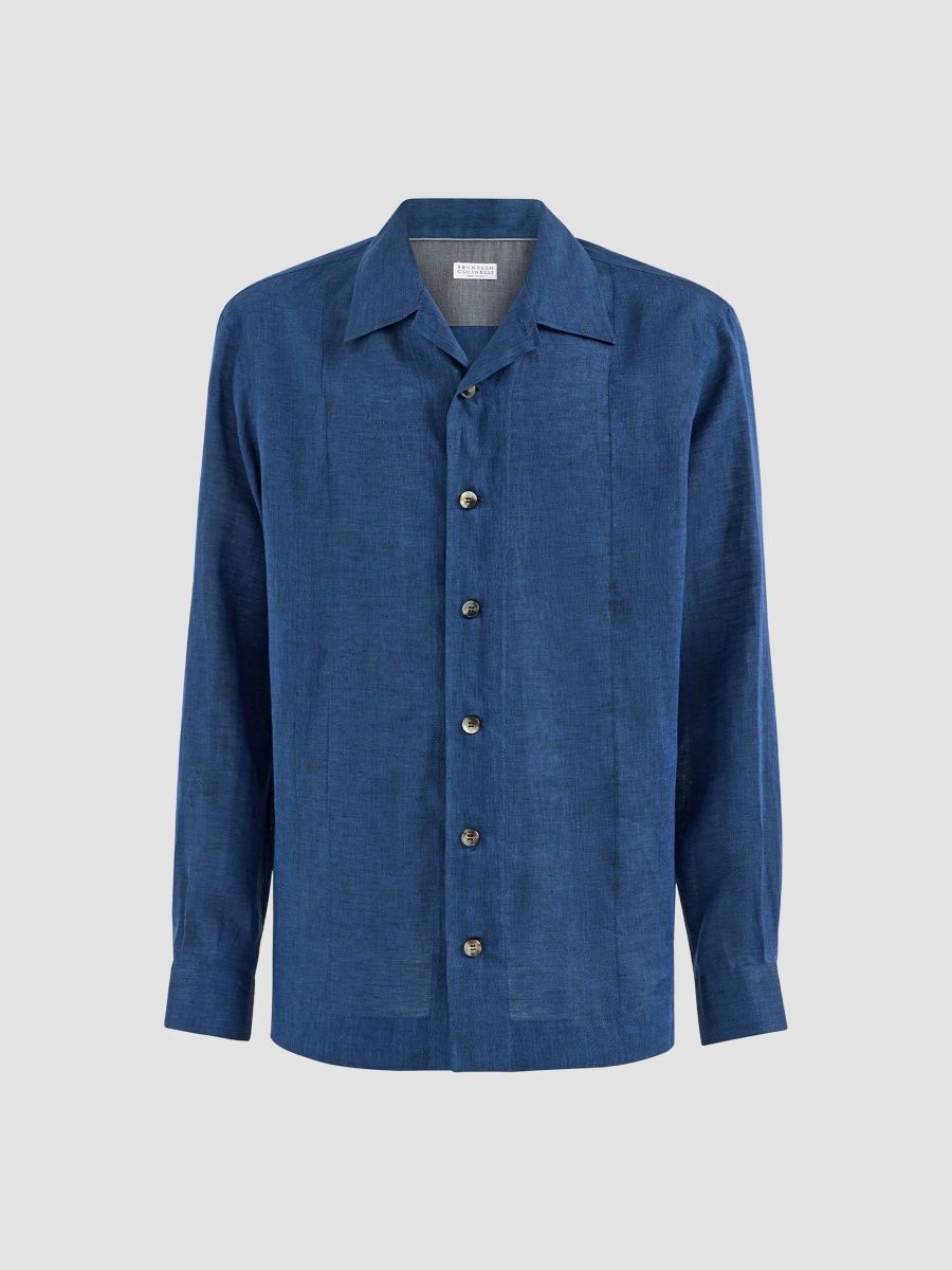 Brunello Cucinelli Men's Linen Shirt with Crête Details - Marine Blue - Size XXXXL