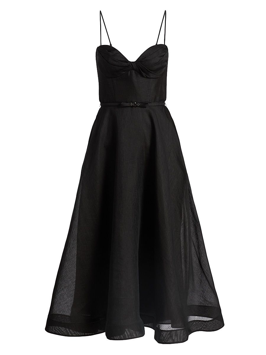 Women's Luna Tie-Waist Linen-Silk A-Line Midi-Dress - Black - Size 10