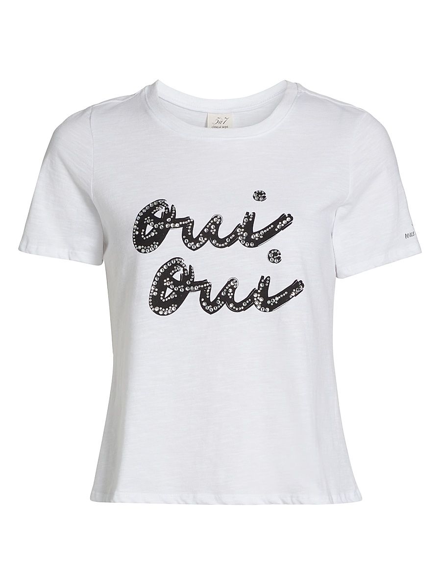 Women's Rhinestone Oui Oui Shrunken Tee - White Black - Size Medium