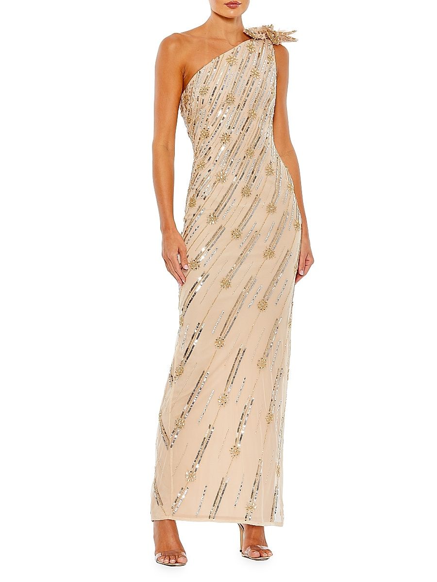 Women's Embellished One-Shoulder Column Gown - Gold - Size 16