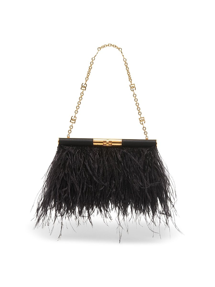 Women's Medium Marlene Ostrich Feather Shoulder Bag - Black