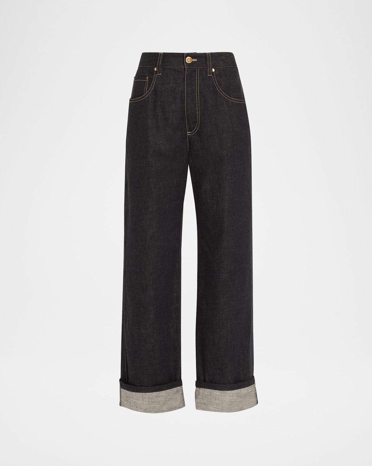 Dark-Wash Wide-Leg Cuffed Jeans