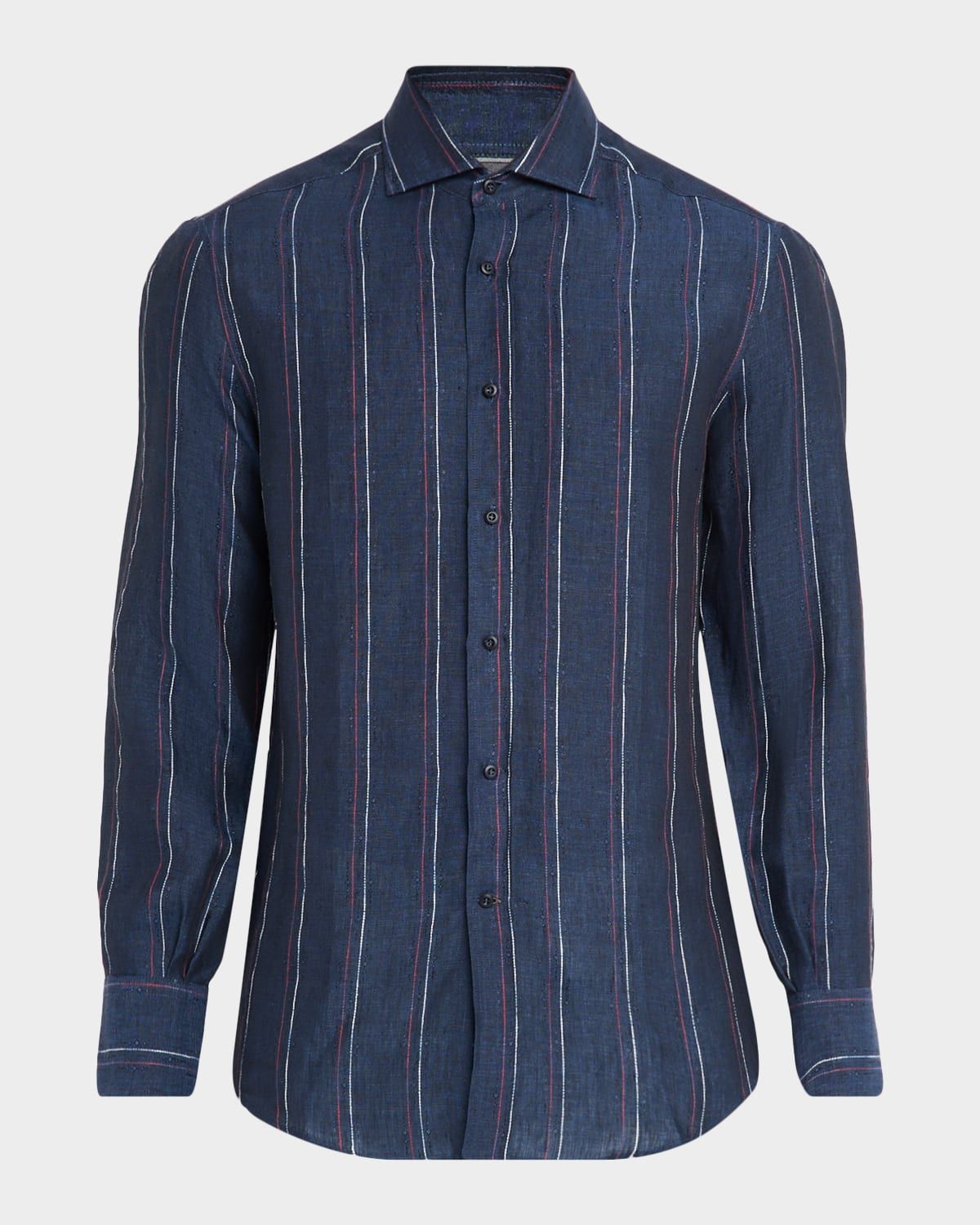 Men & apos;s Linen and Cotton Stripe Sport Shirt